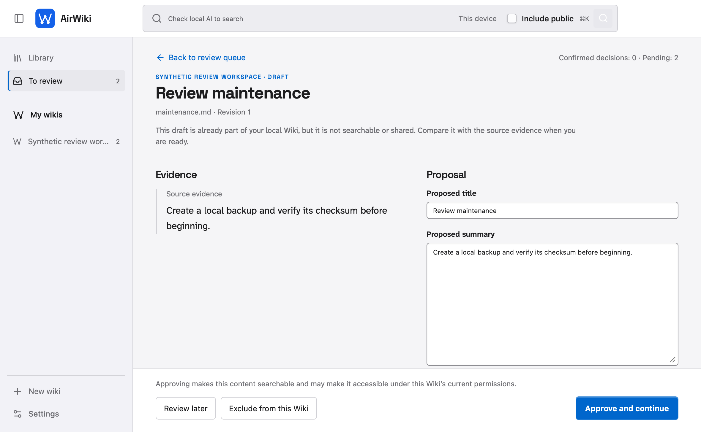 AirWiki 0.3 review workspace with evidence beside a proposal and full-width review actions.